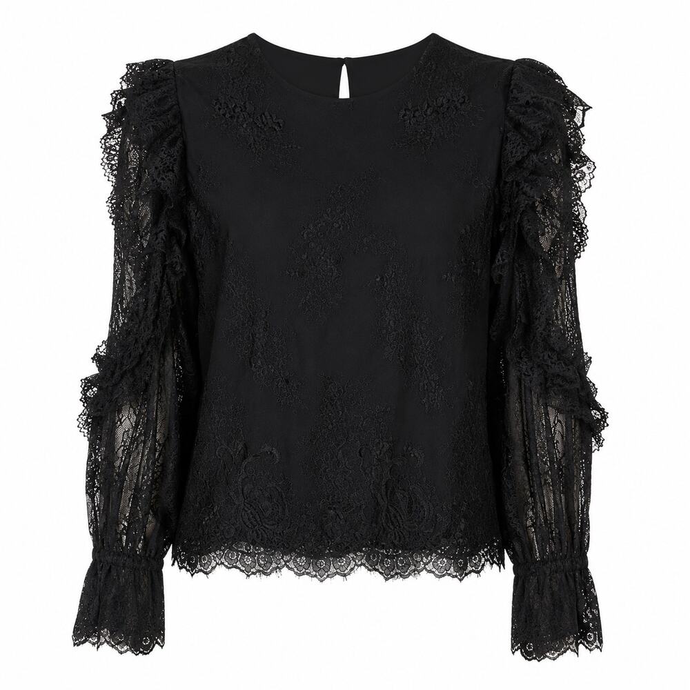 Sweet Rain Womens Sz Small Black Floral Lace Blouse Ruffle Long Sleeve Sheer Top